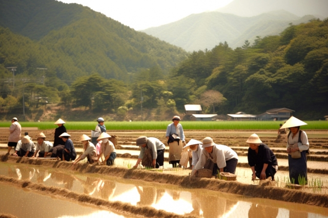 大勢の人が一緒に田植えをしている