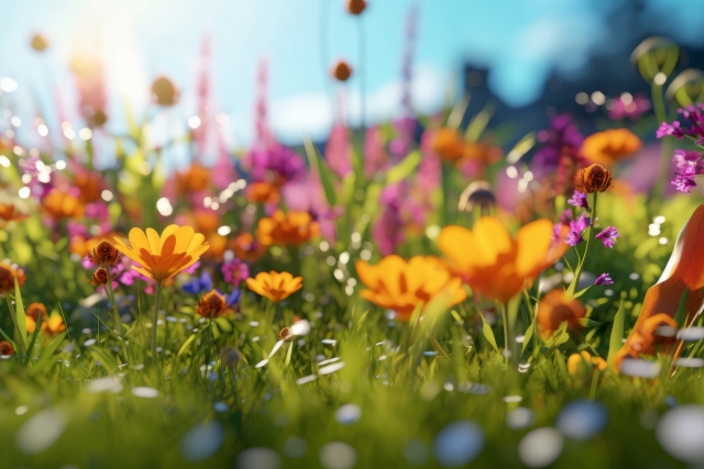 色とりどりの花が咲く花畑。青空も美しい。