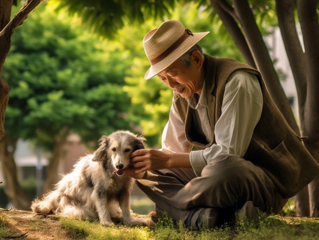 優しく犬をなでる高齢男性。