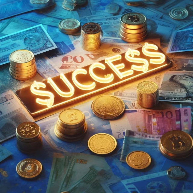 積まれたコインと、金に輝くsuccessの文字。