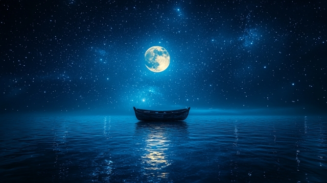 幻想的な月夜の海に浮かぶ、一艘の小舟