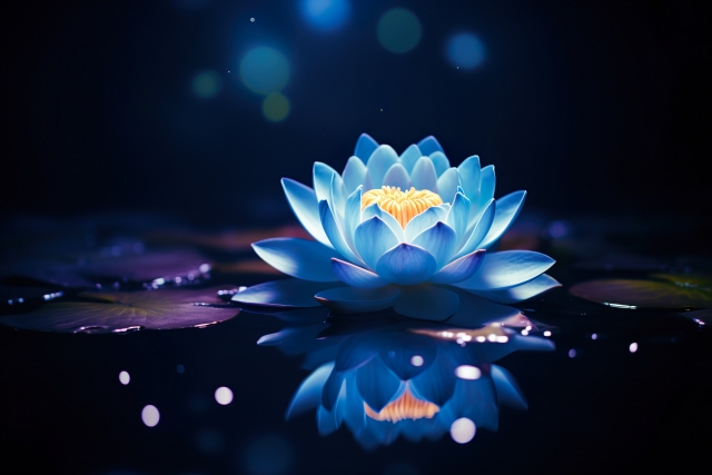 黒い背景に浮かぶ、青い蓮の花