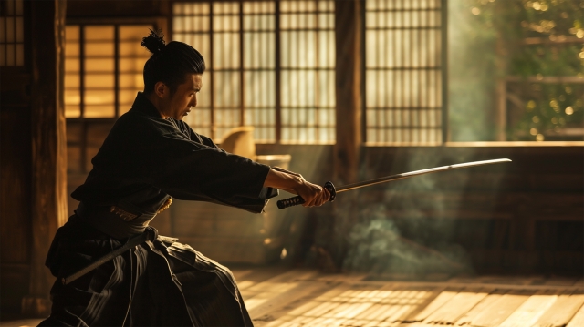 刀を斬り出す日本の武士の姿