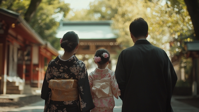 神社でお参りする親子連れの後ろ姿