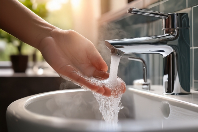 水道水に手を入れて洗っている