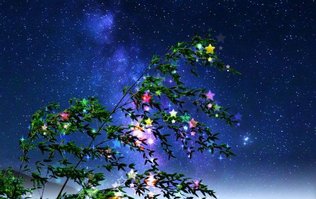 星空に七夕飾りが揺れる絵